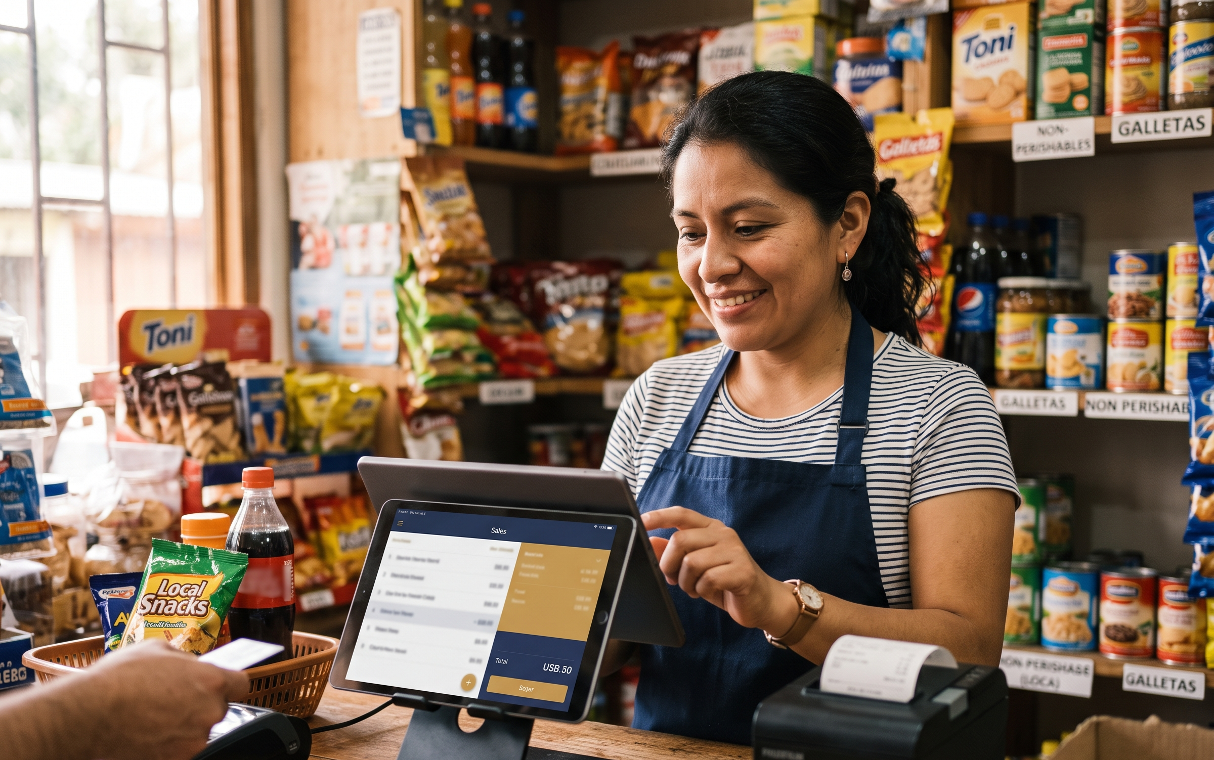 Dueño de negocio usando KuskiCode POS en su tienda